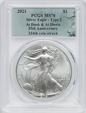 2021 American Silver Eagle Type 2 At Dusk & Dawn 35th Anniversary 334th PCGS MS70