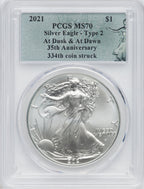 2021 American Silver Eagle Type 2 At Dusk & Dawn 35th Anniversary 334th PCGS MS70