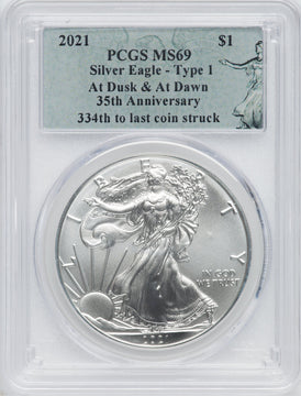2021 American Silver Eagle Type 1 At Dusk & Dawn 35th Anniversary 334th PCGS MS69