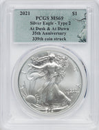 2021 American Silver Eagle Type 2 At Dusk & Dawn 35th Anniversary 339th PCGS MS69