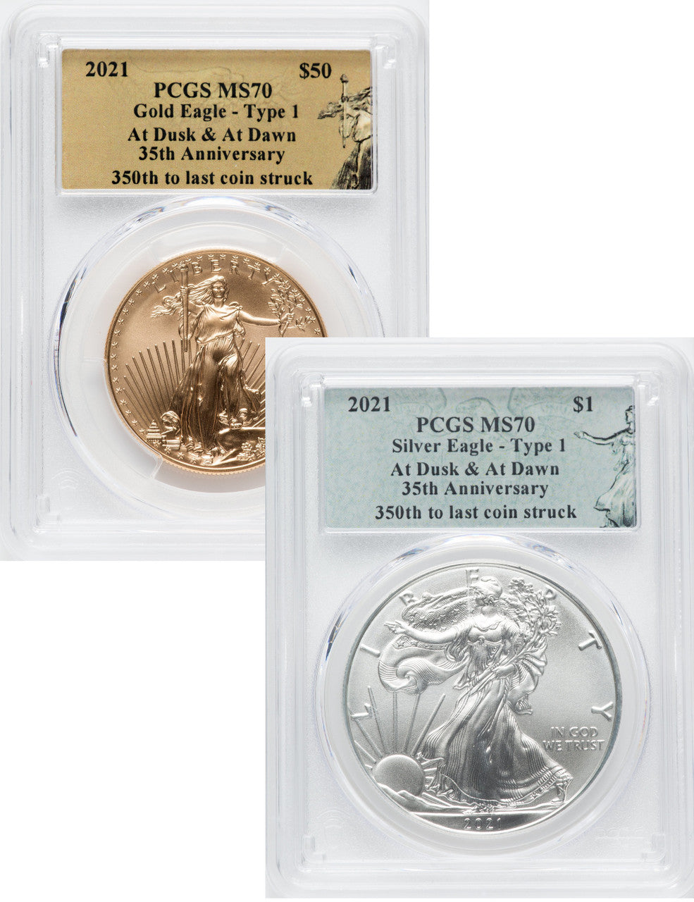 2021 2 Coin Set T1 Gold Silver Eagles 350th Dusk & Dawn 35th Anniversary PCGS MS70