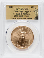 2021 2 Coin Set T1 Gold Silver Eagles 350th Dusk & Dawn 35th Anniversary PCGS MS70