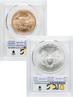2021 2 Coin Set T1 Gold Silver Eagles 350th Dusk & Dawn 35th Anniversary PCGS MS70