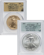 2021 2 Coin Set T2 Gold Silver Eagles 350th Dusk & Dawn 35th Anniversary PCGS MS69
