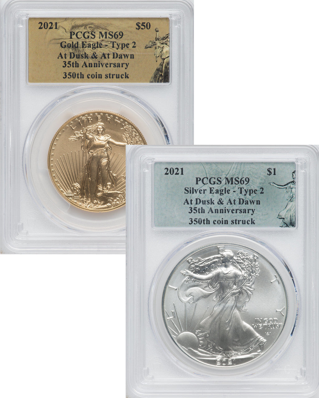 2021 2 Coin Set T2 Gold Silver Eagles 350th Dusk & Dawn 35th Anniversary PCGS MS69