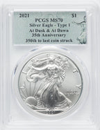2021 2 Coin Set T1 Gold Silver Eagles 350th Dusk & Dawn 35th Anniversary PCGS MS70