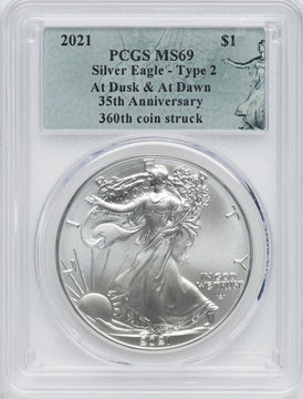 2021 American Silver Eagle Type 2 At Dusk & Dawn 35th Anniversary 360th PCGS MS69