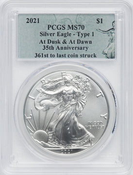 2021 American Silver Eagle Type 1 At Dusk & Dawn 35th Anniversary 361st PCGS MS70