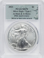 2021 American Silver Eagle Type 1 At Dusk & Dawn 35th Anniversary 361st PCGS MS70