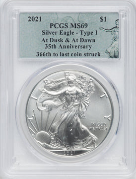 2021 American Silver Eagle Type 1 At Dusk & Dawn 35th Anniversary 366th PCGS MS69