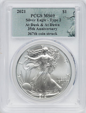 2021 American Silver Eagle Type 2 At Dusk & Dawn 35th Anniversary 367th PCGS MS69