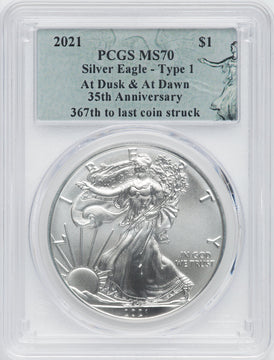 2021 American Silver Eagle Type 1 At Dusk & Dawn 35th Anniversary 367th PCGS MS70