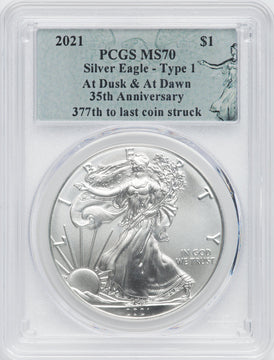 2021 American Silver Eagle Type 1 At Dusk & Dawn 35th Anniversary 377th PCGS MS70