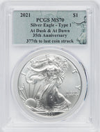 2021 American Silver Eagle Type 1 At Dusk & Dawn 35th Anniversary 377th PCGS MS70