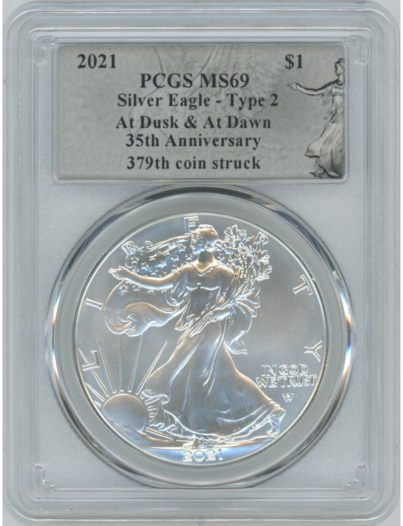 2021 American Silver Eagle Type 2 At Dusk & Dawn 35th Anniversary 379th PCGS MS69