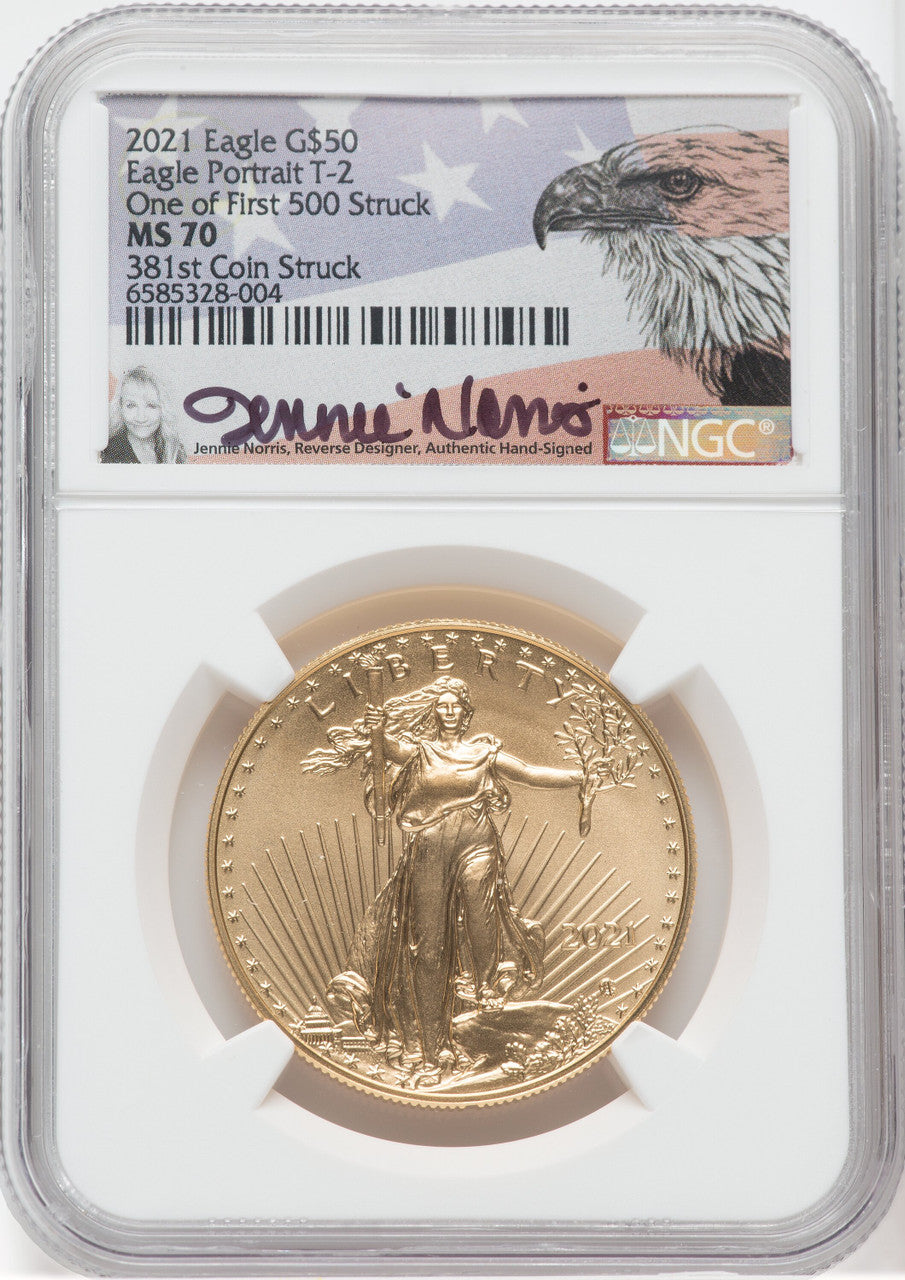 2021 $50 Gold Eagle Type 2 At Dusk & Dawn 35th Annv 381st NGC MS70 Jennie Norris Signed