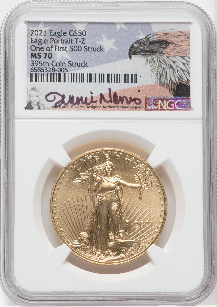 2021 $50 Gold Eagle Type 2 At Dusk & Dawn 35th Annv 395th NGC MS70 Jennie Norris Signed