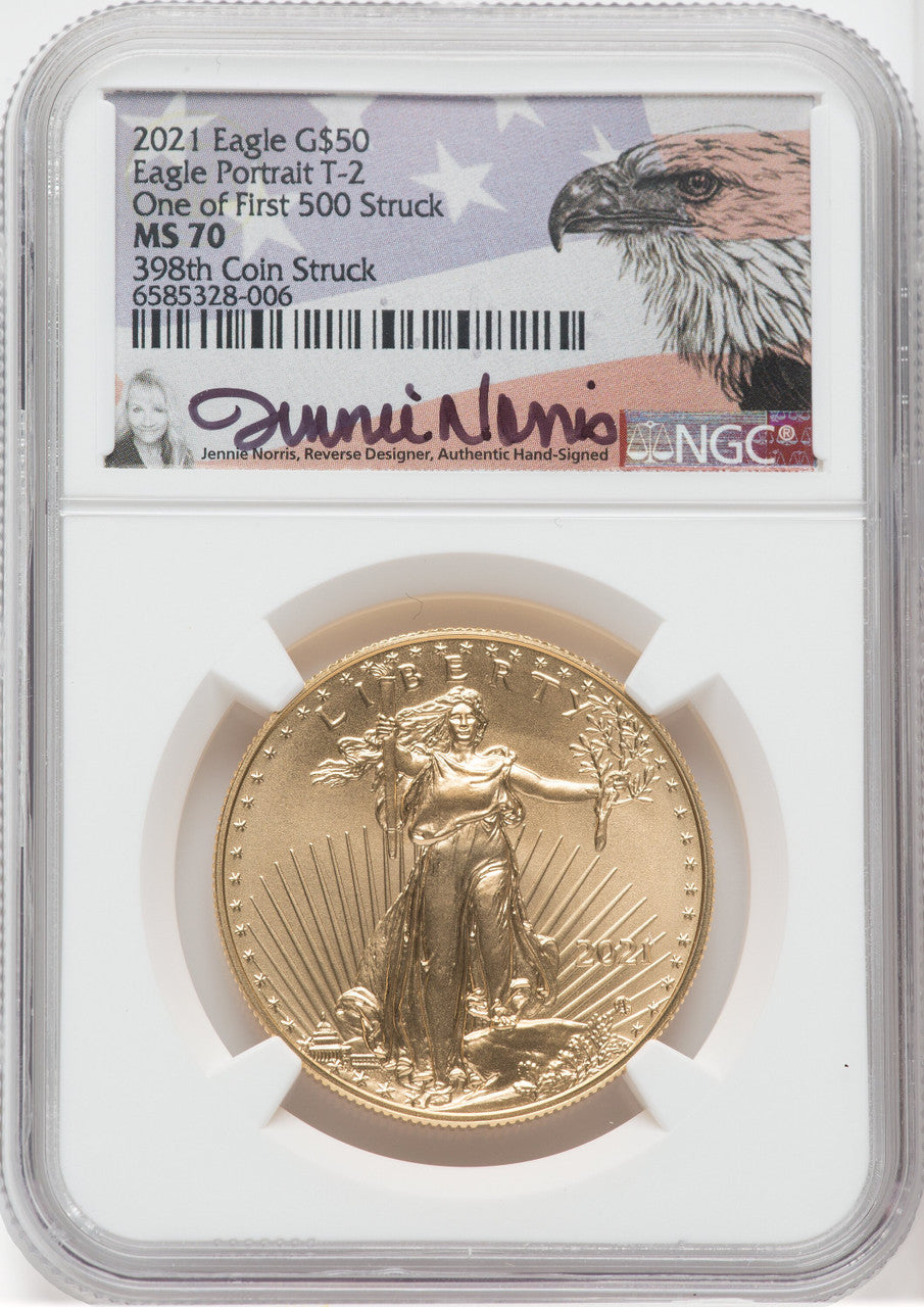 2021 $50 Gold Eagle Type 2 At Dusk & Dawn 35th Annv 398th NGC MS70 Jennie Norris Signed