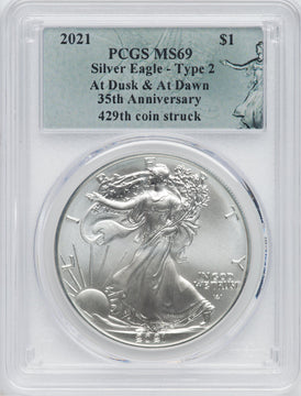 2021 American Silver Eagle Type 2 At Dusk & Dawn 35th Anniversary 429th PCGS MS69