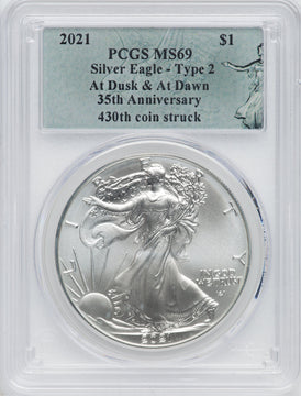 2021 American Silver Eagle Type 2 At Dusk & Dawn 35th Anniversary 430th PCGS MS69