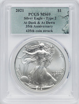 2021 American Silver Eagle Type 2 At Dusk & Dawn 35th Anniversary 435th PCGS MS69