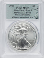 2021 American Silver Eagle Type 1 At Dusk & Dawn 35th Anniversary 470th PCGS MS69
