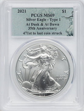 2021 American Silver Eagle Type 1 At Dusk & Dawn 35th Anniversary 471st PCGS MS69