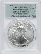 2021 American Silver Eagle Type 1 At Dusk & Dawn 35th Anniversary 471st PCGS MS69