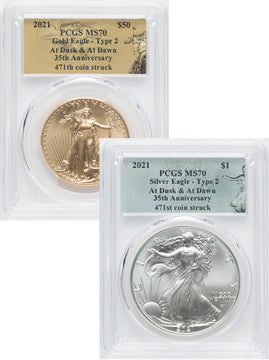 2021 2 Coin Set T2 Gold Silver Eagles 471st Dusk & Dawn 35th Anniversary PCGS MS70