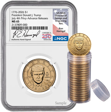 2026 President Donald J. Trump Semiquincentennial Dollar July 4th Privy AR NGC MS65 Harrigal