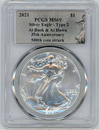 2021 American Silver Eagle Type 2 At Dusk & Dawn 35th Anniversary 500th PCGS MS69