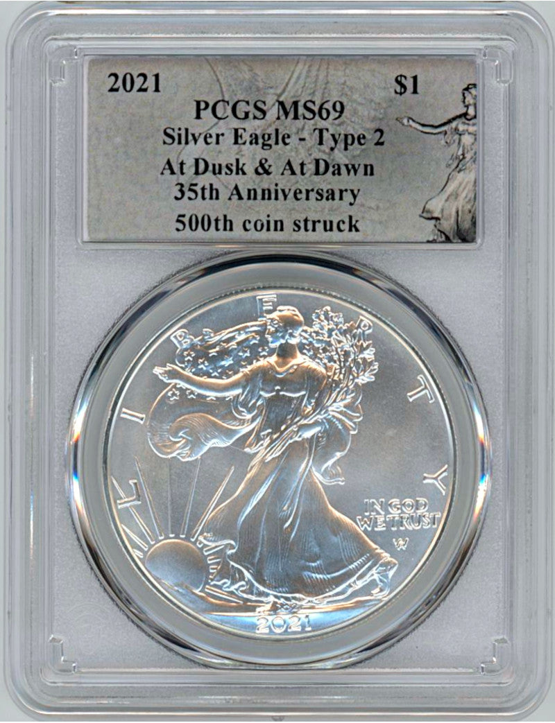 2021 American Silver Eagle Type 2 At Dusk & Dawn 35th Anniversary 500th PCGS MS69