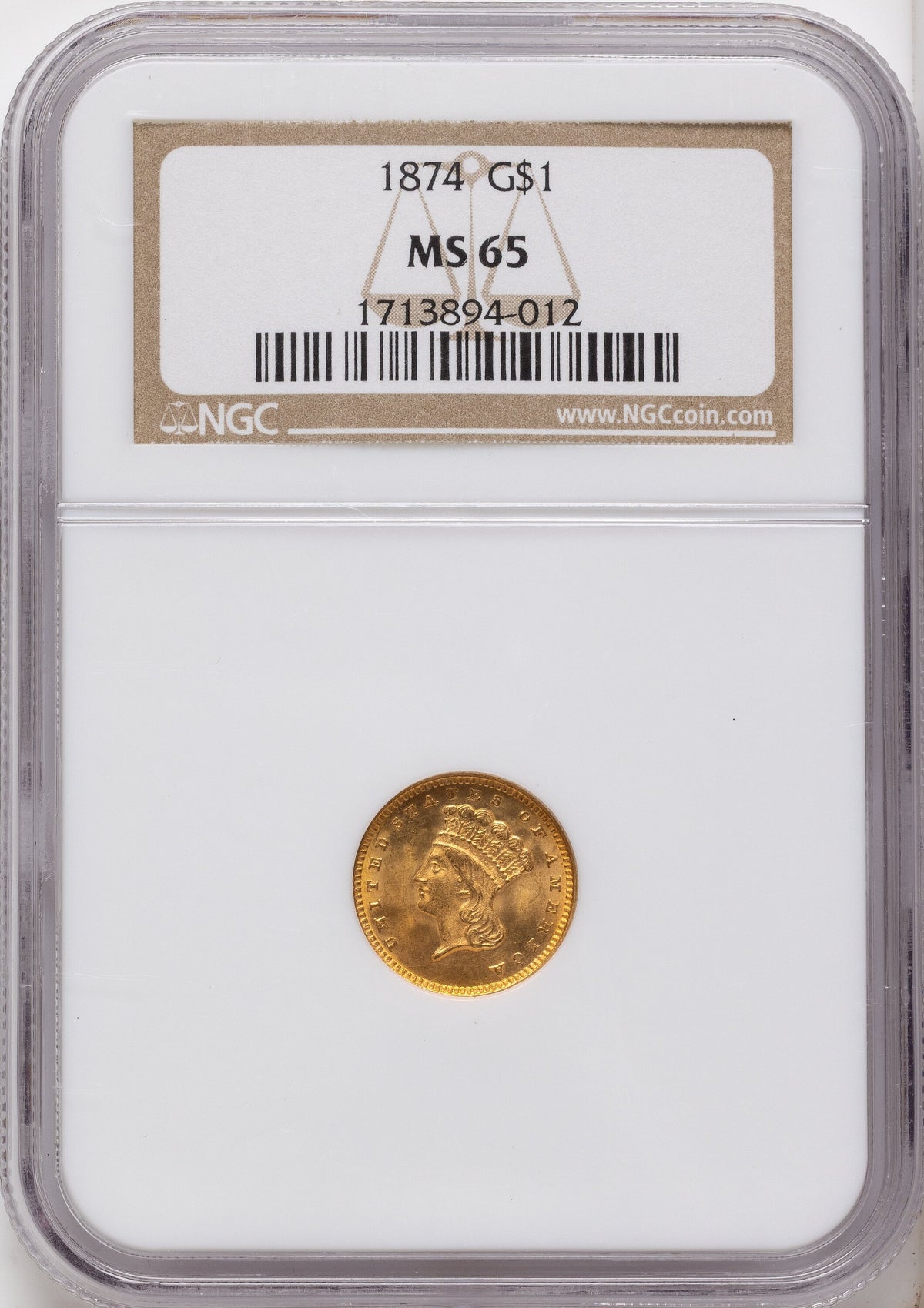 1874 G$1 Gold Dollar NGC MS65
