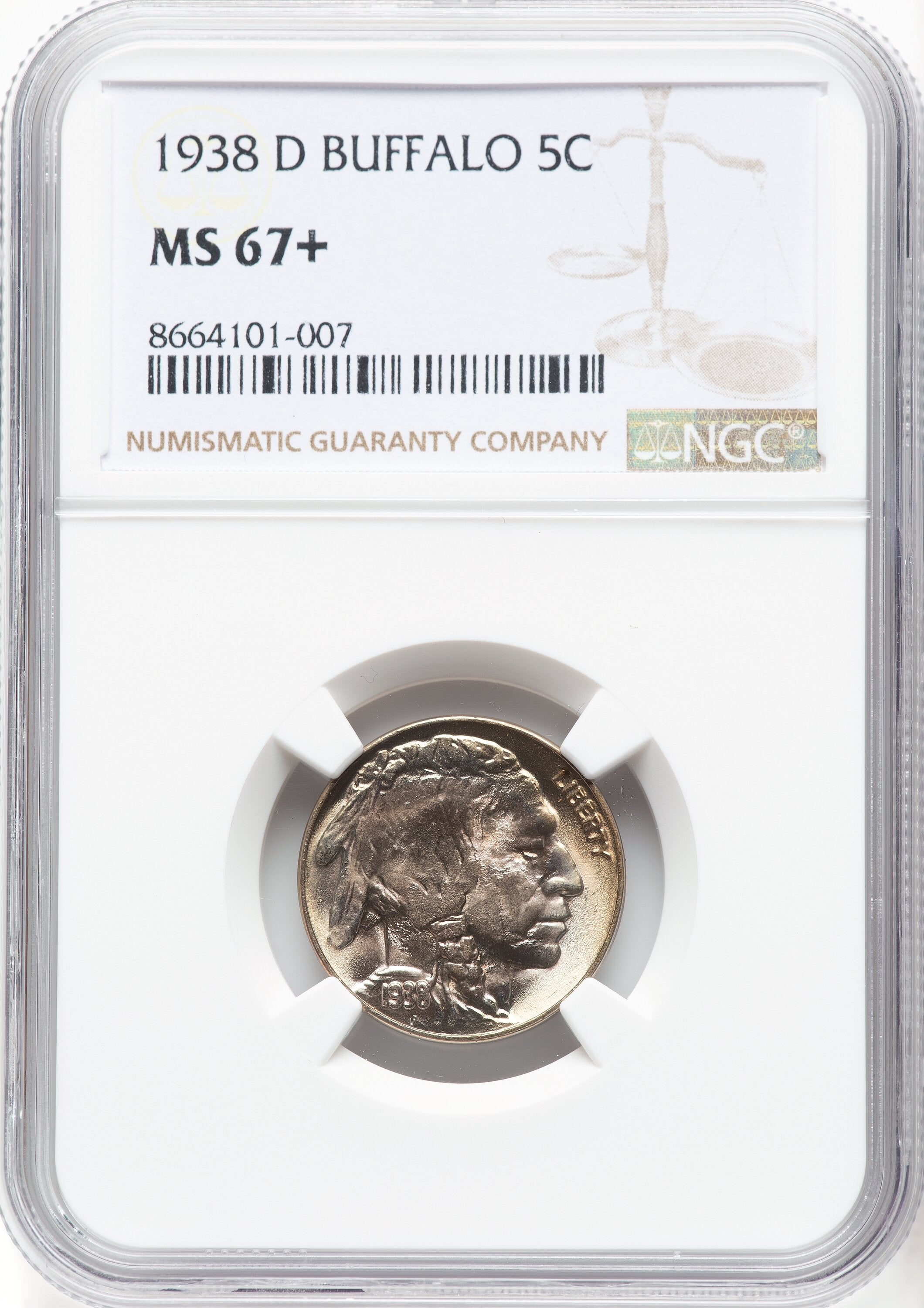 1938-D 5C Buffalo Buffalo Nickel NGC MS67+