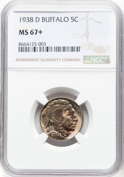 1938-D 5C Buffalo Buffalo Nickel NGC MS67+