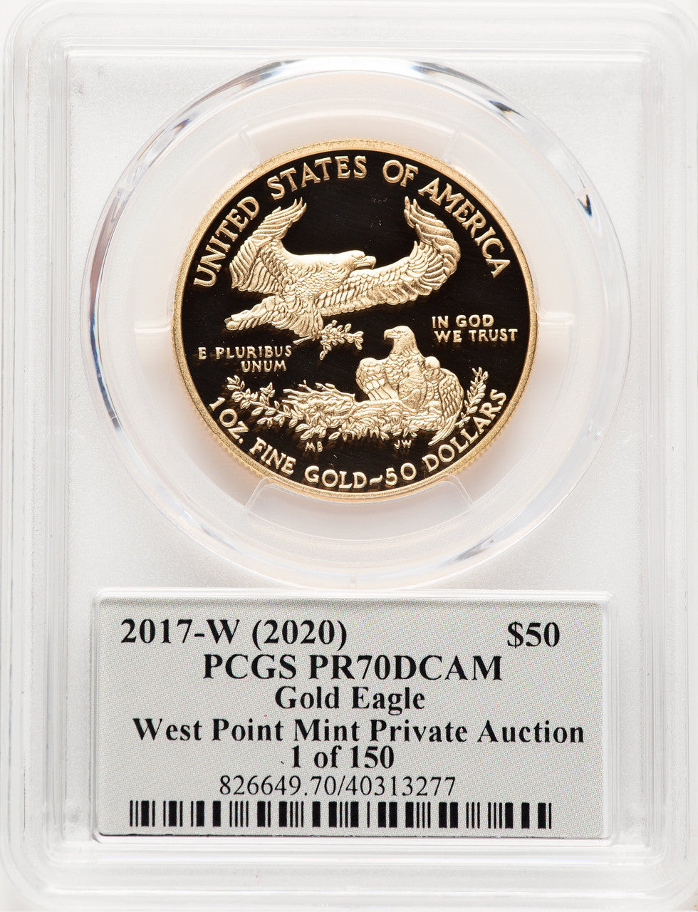 2017-W Proof Gold Eagle 1 oz 2020 West Point Mint Private Auction Thomas Cleveland 1 of 150 PCGS MS70