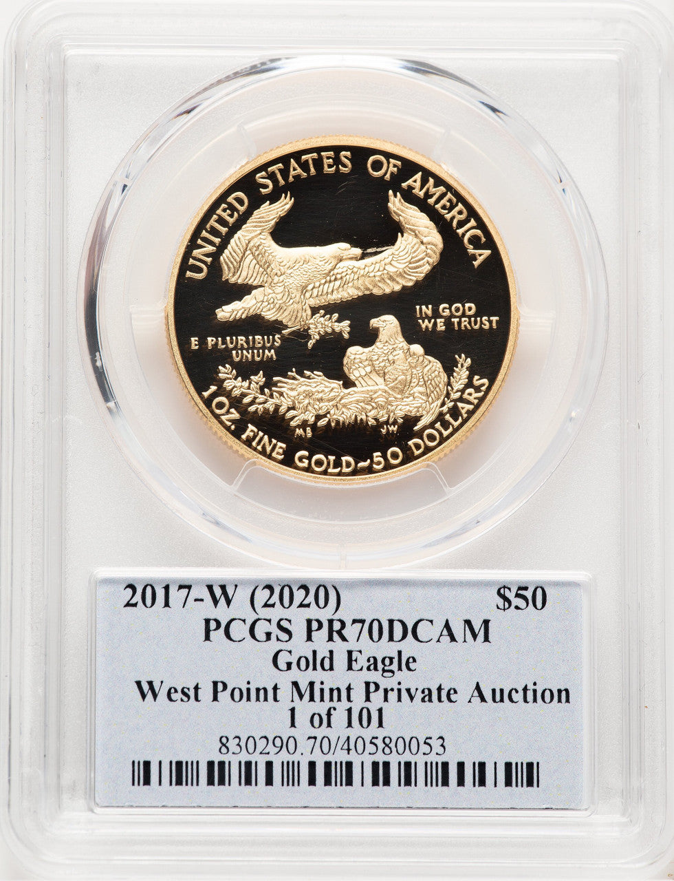 2017-W Proof Gold Eagle 1 oz 2020 West Point Mint Private Auction Thomas Cleveland 1 of 101 PCGS PR70