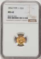 1854 G$1 T-1 Gold Dollar NGC MS62