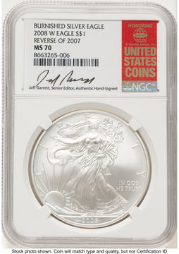 2008-W Reverse of 2007 Burnished Silver Eagle 1 oz Jeff Garrett Red Book NGC MS70
