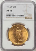 1916-S $20 Saint-Gaudens Double Eagle NGC MS63