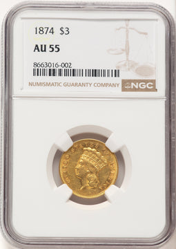 1874 $3 Three Dollar Gold Pieces NGC AU55 (506766042)