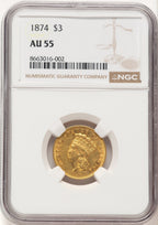 1874 $3 Three Dollar Gold Pieces NGC AU55 (506766042)