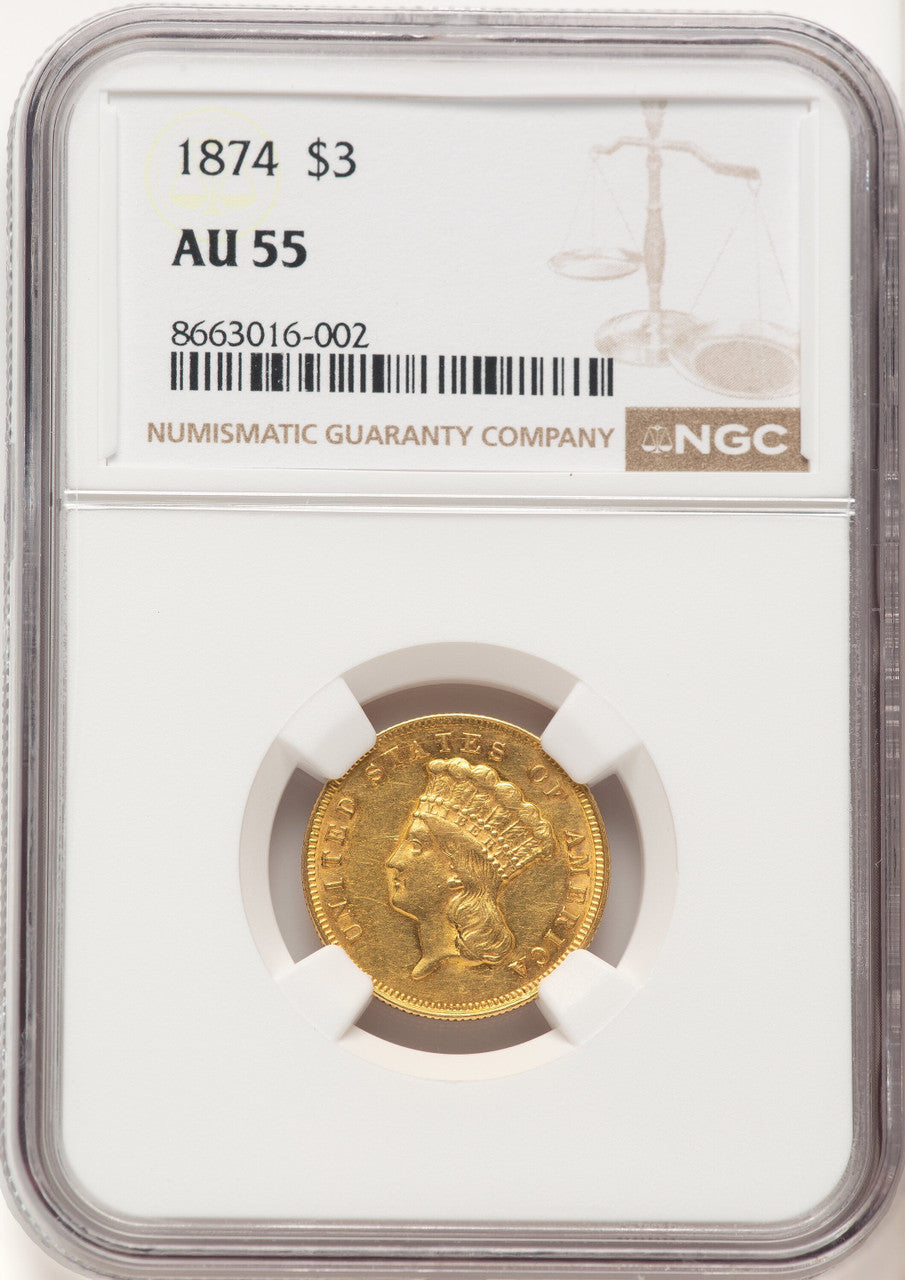 1874 $3 Three Dollar Gold Pieces NGC AU55 (506766042)