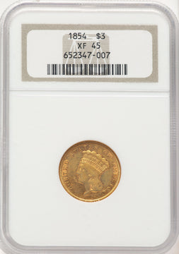 1854 $3 Three Dollar Gold Pieces NGC XF45