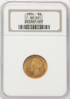 1854 $3 Three Dollar Gold Pieces NGC XF45