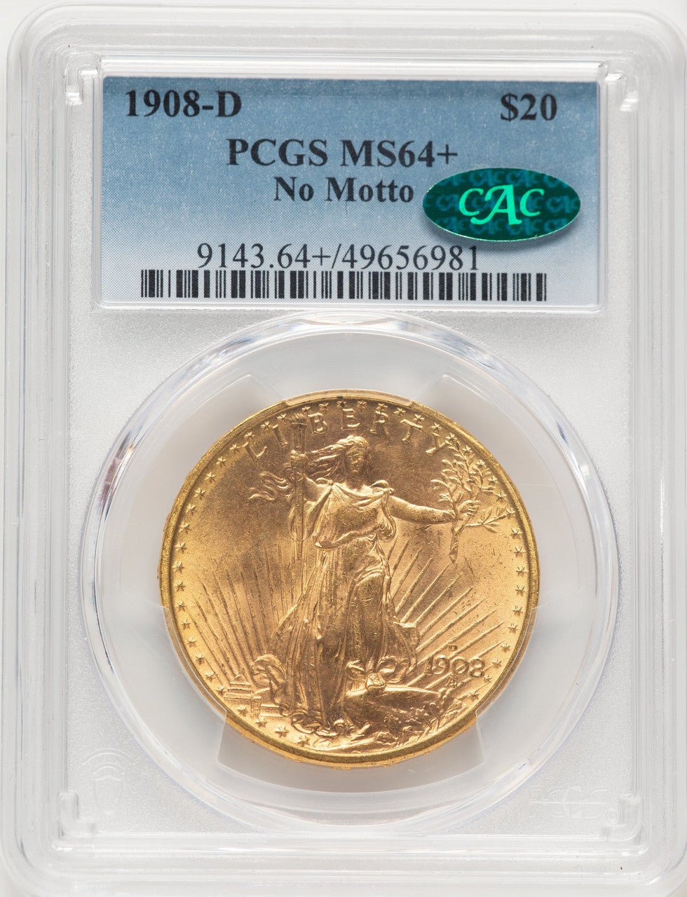 1908-D $20 NO MOTTO CAC Saint-Gaudens Double Eagle PCGS MS64+