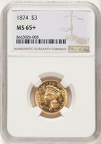 1874 $3 Three Dollar Gold Pieces NGC MS65+