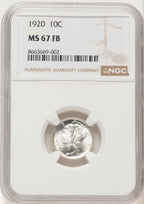 1920 10C FB Mercury Dime NGC MS67