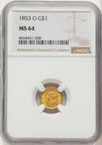 1853-O G$1 Gold Dollar NGC MS64