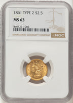 1861 $2.50 New Reverse Type 2 Liberty Quarter Eagle NGC MS63